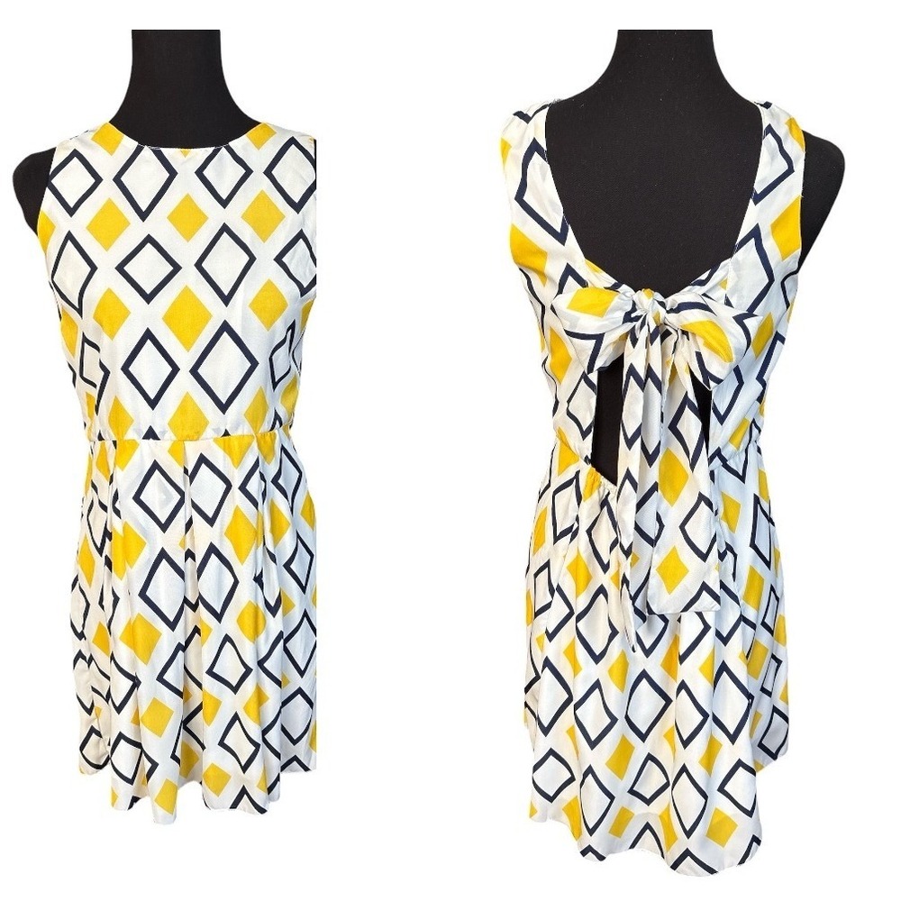 Poema Navy & Yellow Geometric Print Open Back Sheath Dress, Size Medium, Cottage